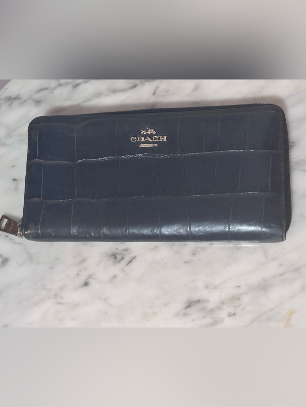 Coach Navy Croc-Embossed Zip Wallet with Gold Logo
